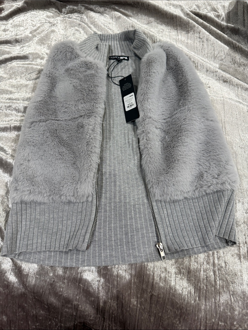 Fashion Nova Gray Faux Fur Panel Zip Cardigan